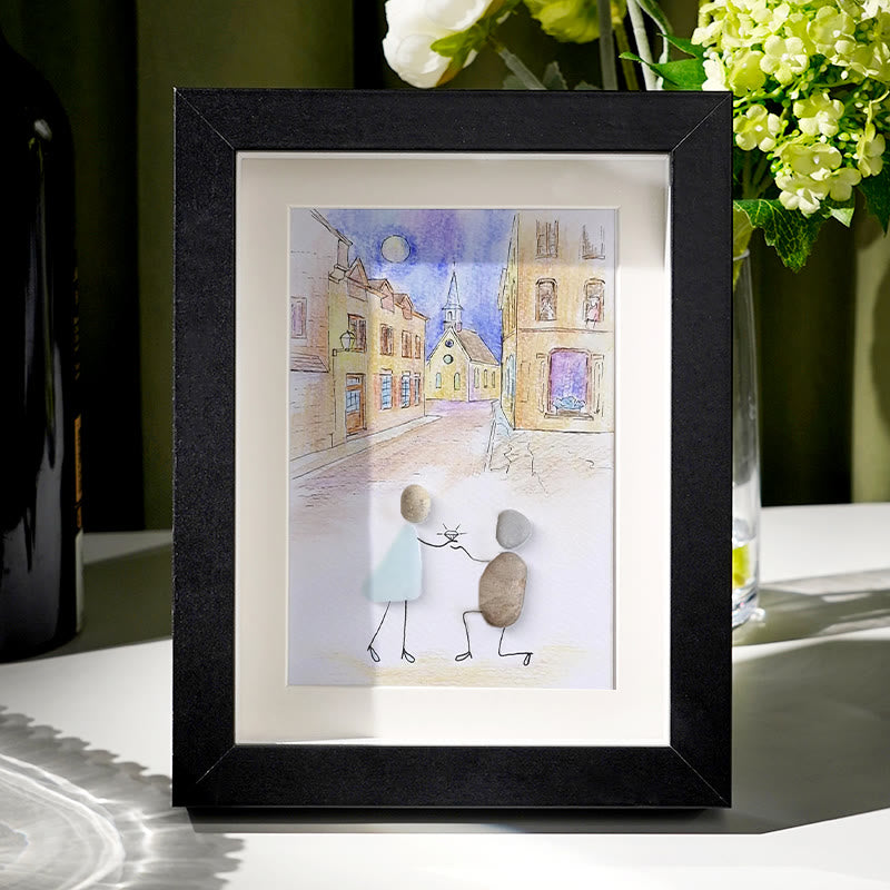 Propose On A Street Engagement Couple Sea Glass Framed Art - Black - 8" X 6" - image 1