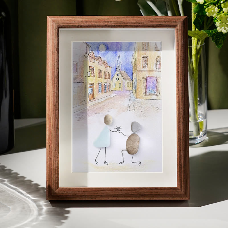 Propose On A Street Engagement Couple Sea Glass Framed Art - Walnut Brown - 8" X 6" - image 6