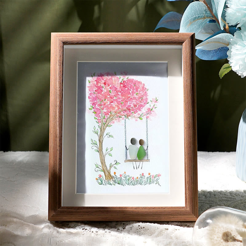Couple On Swing Under A Love Tree Sea Glass Framed Art - Walnut Brown - 8" X 6" - image 7