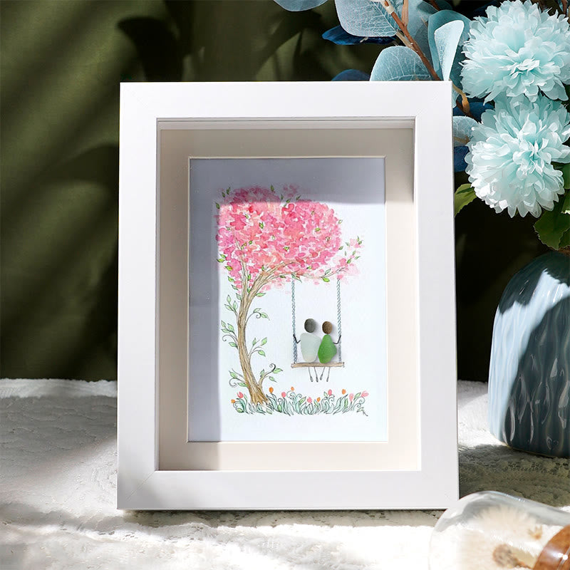 Couple On Swing Under A Love Tree Sea Glass Framed Art - White - 8" X 6" - image 1