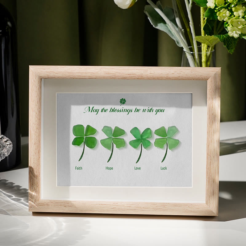 Four Leaf Clover Blessings Sea Glass Framed Art - Oak - 6" X 8" - image 1