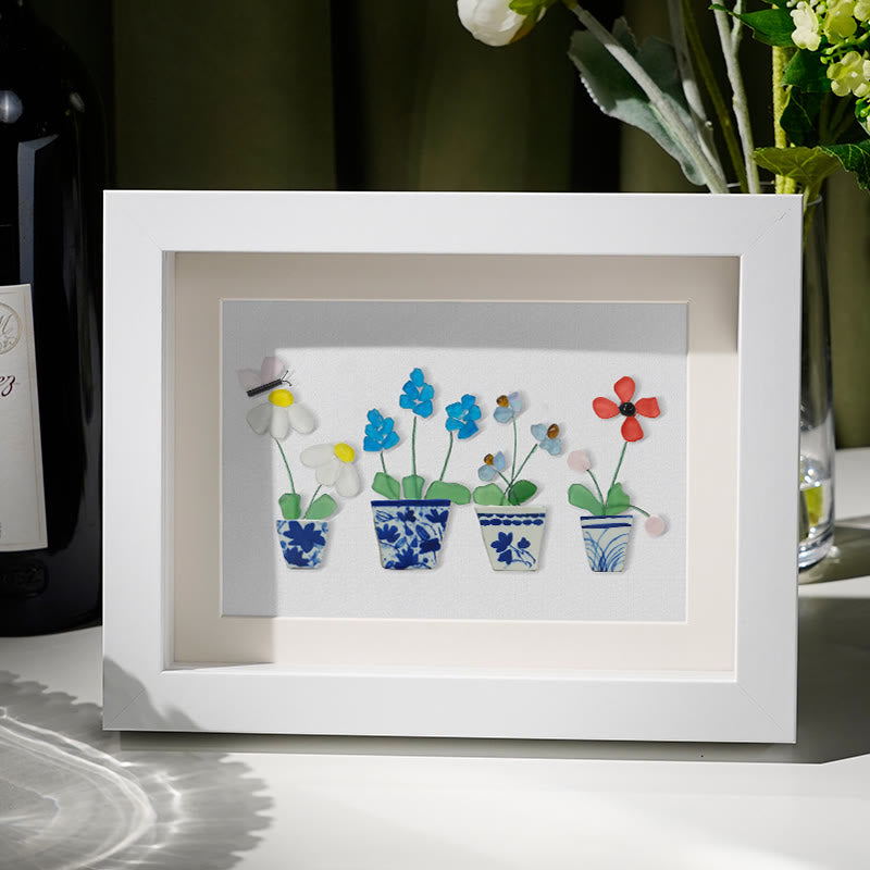 Handmade Flowers Butterfly Sea Glass Framed Art - White - 6" X 8" - image 7