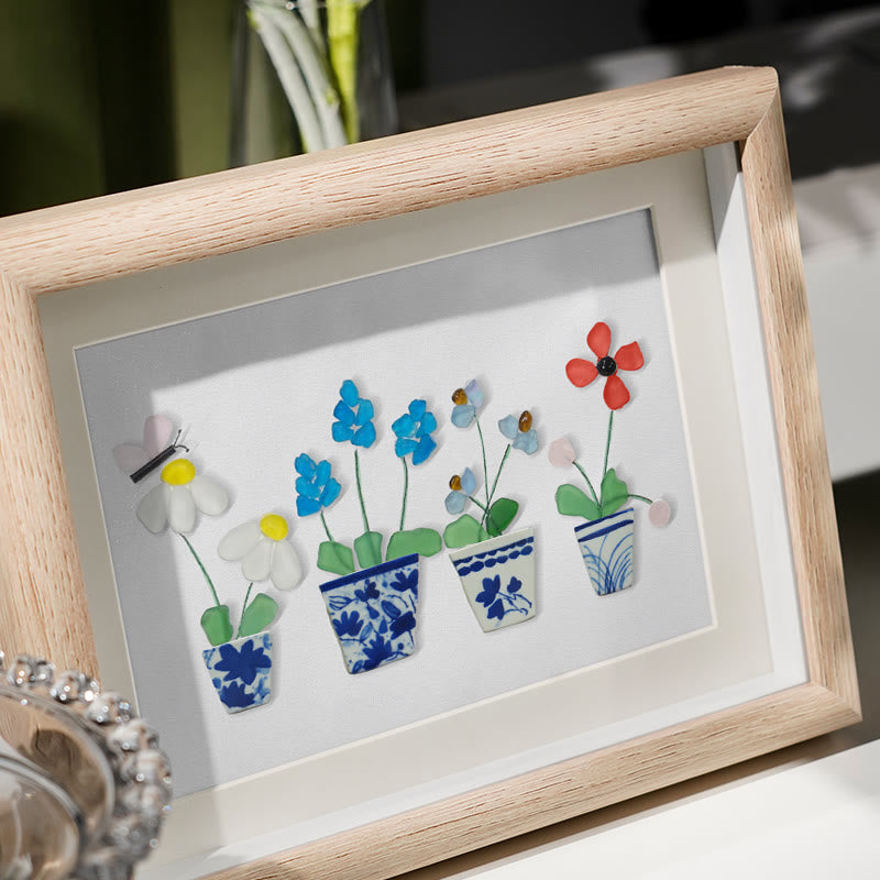 Handmade Flowers Butterfly Sea Glass Framed Art - image 2
