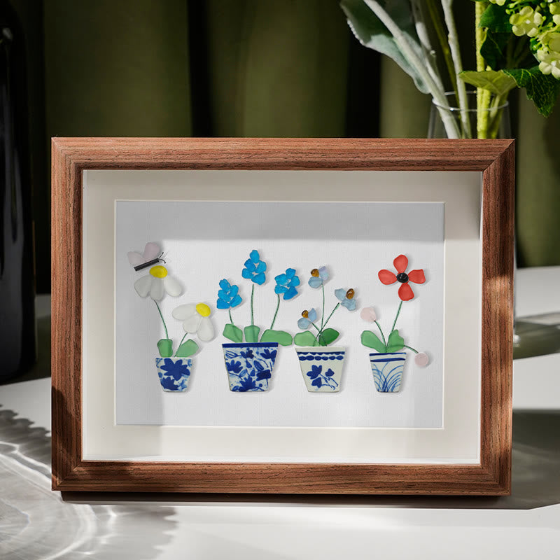 Handmade Flowers Butterfly Sea Glass Framed Art - Walnut Brown - 6" X 8" - image 5