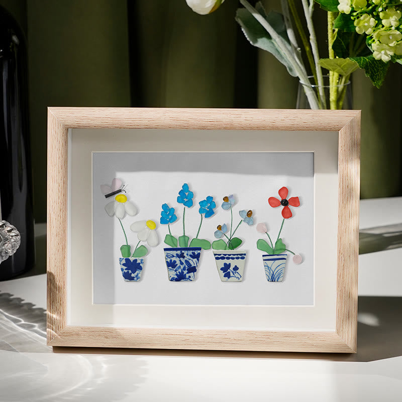 Handmade Flowers Butterfly Sea Glass Framed Art - Oak - 6" X 8" - image 1