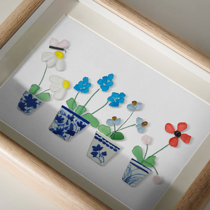 Handmade Flowers Butterfly Sea Glass Framed Art - image 3