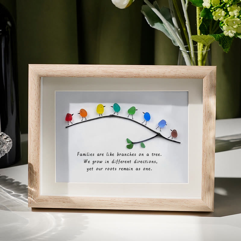 Family Birds On Branch Sea Glass Framed Art - Oak - 6" X 8" - image 1