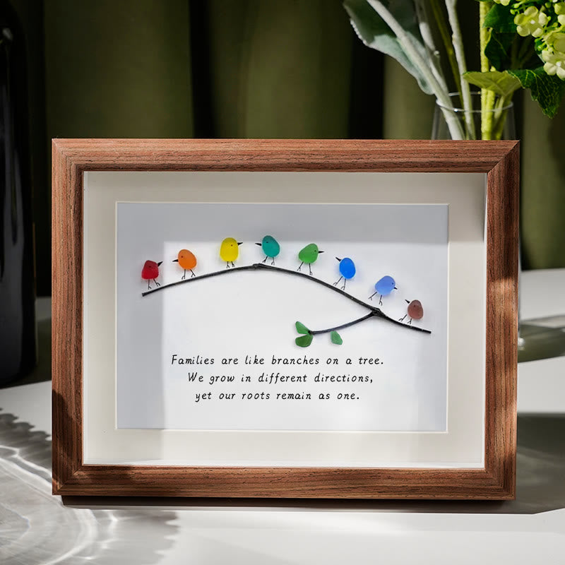 Family Birds On Branch Sea Glass Framed Art - Walnut Brown - 6" X 8" - image 5