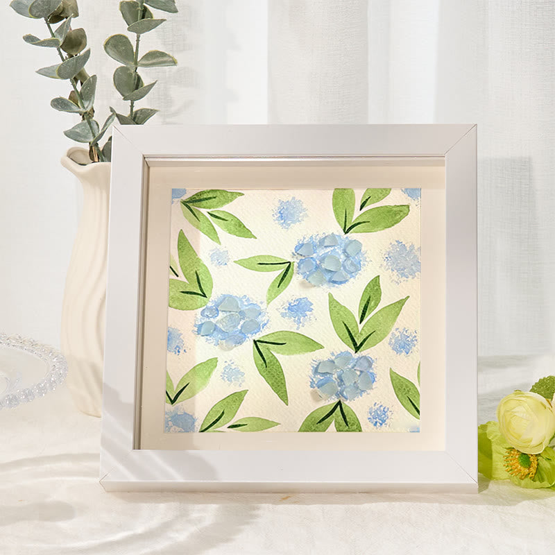 Blue Hydrangea Floral Sea Glass Framed Art - White - 8" X 8" - image 1