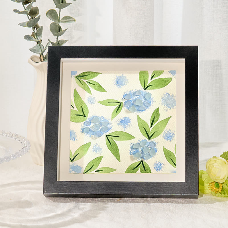 Blue Hydrangea Floral Sea Glass Framed Art - Black - 8" X 8" - image 5