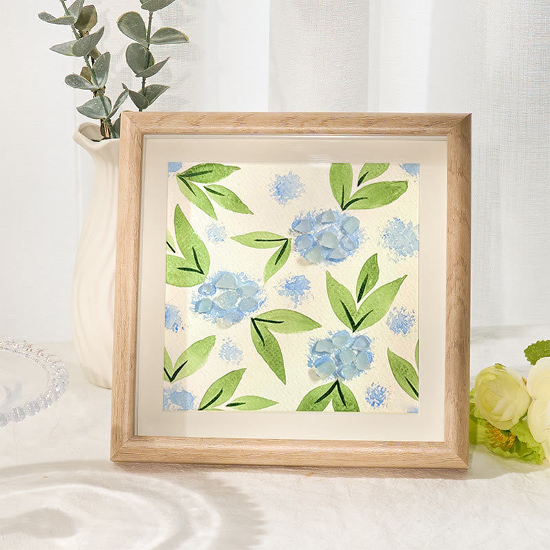 Blue Hydrangea Floral Sea Glass Framed Art - Oak - 8" X 8" - image 6
