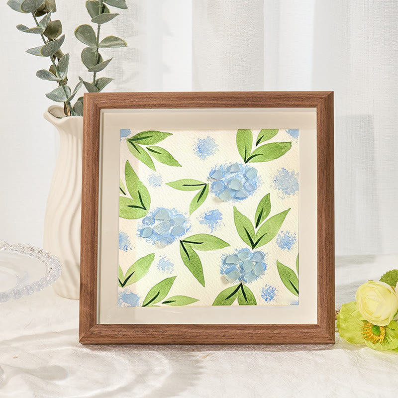 Blue Hydrangea Floral Sea Glass Framed Art - Walnut Brown - 8" X 8" - image 7