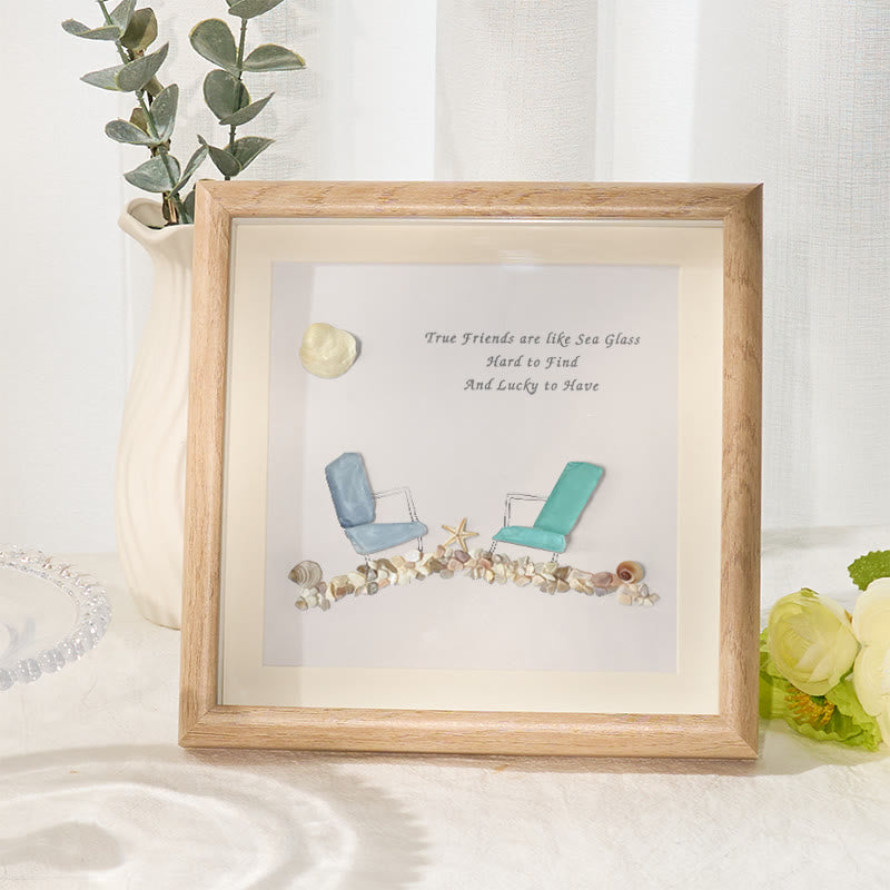 Beach Chairs Friends Sea Glass Framed Art - Oak - 8" X 8" - image 1
