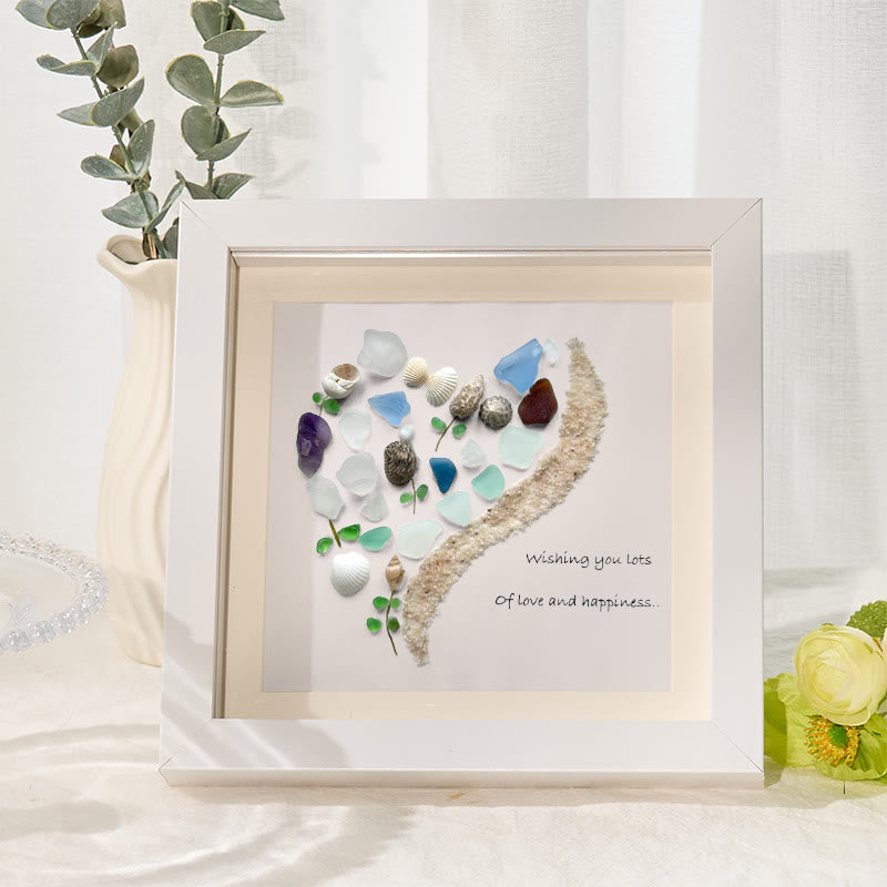 Love and Happiness Sea Glass Framed Art - White - 8" X 8" - image 1