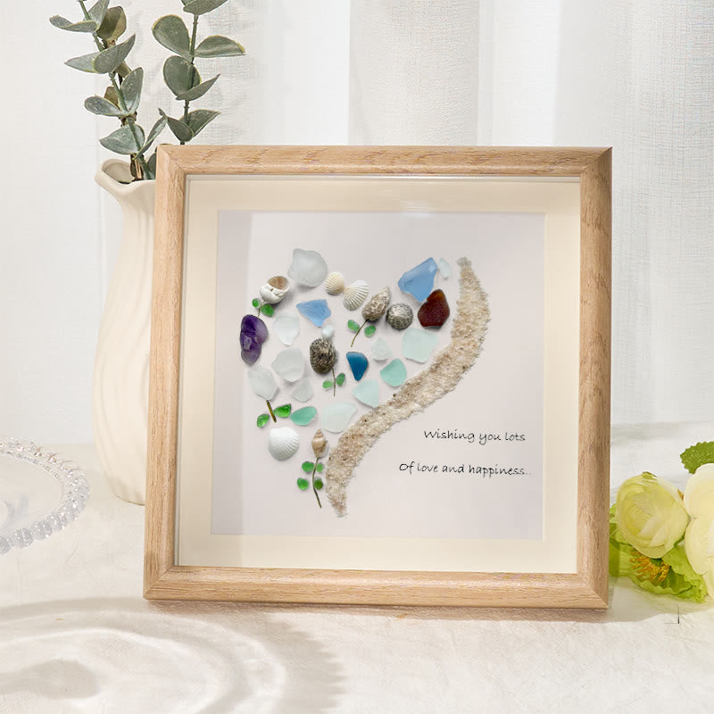 Love and Happiness Sea Glass Framed Art - Oak - 8" X 8" - image 6