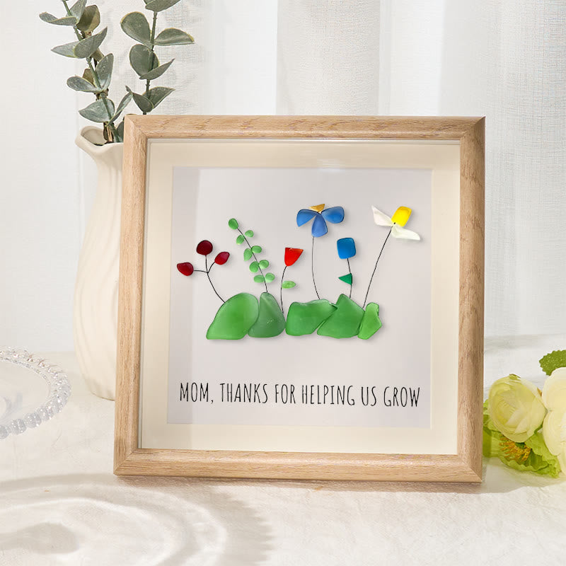 Mom Thanks For Helping Us Grow Sea Glass Framed Art - Oak - 8" X 8" - image 6