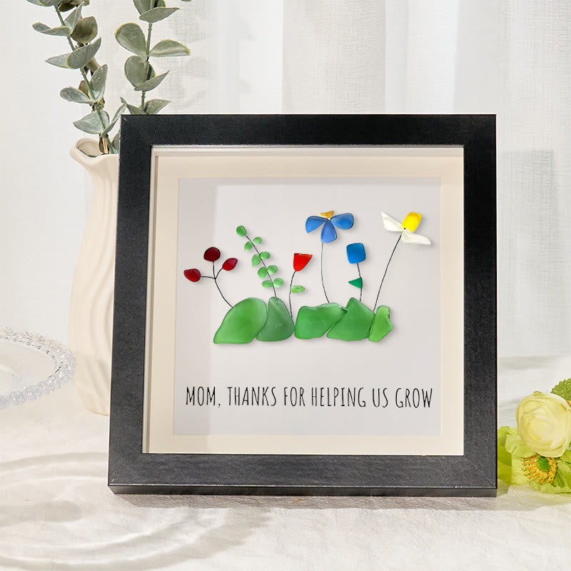Mom Thanks For Helping Us Grow Sea Glass Framed Art - Black - 8" X 8" - image 1