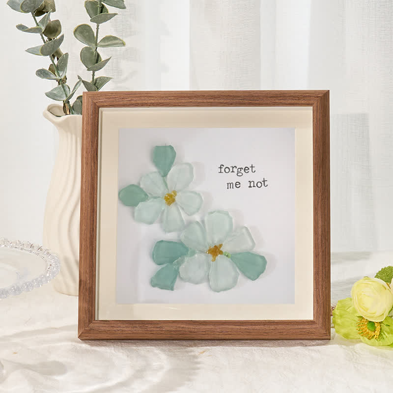 Forget Me Not Blue Flower Sea Glass Framed Art - Walnut Brown - 8" X 8" - image 5