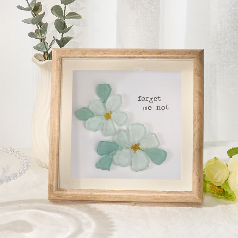 Forget Me Not Blue Flower Sea Glass Framed Art - Oak - 8" X 8" - image 1