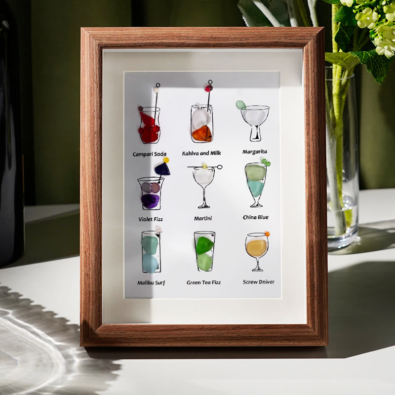 Multicolored Cocktails Theme Sea Glass Framed Art - Walnut Brown - 8" X 6" - image 1