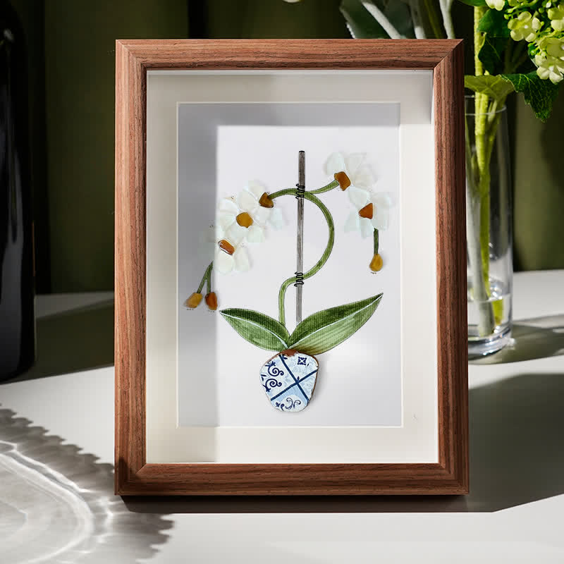 White Orchid Handmade Sea Glass Framed Art - Walnut Brown - 8" X 6" - image 6