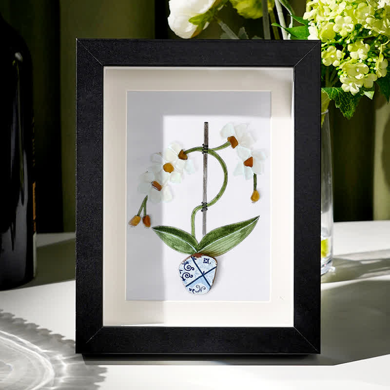 White Orchid Handmade Sea Glass Framed Art - Black - 8" X 6" - image 4