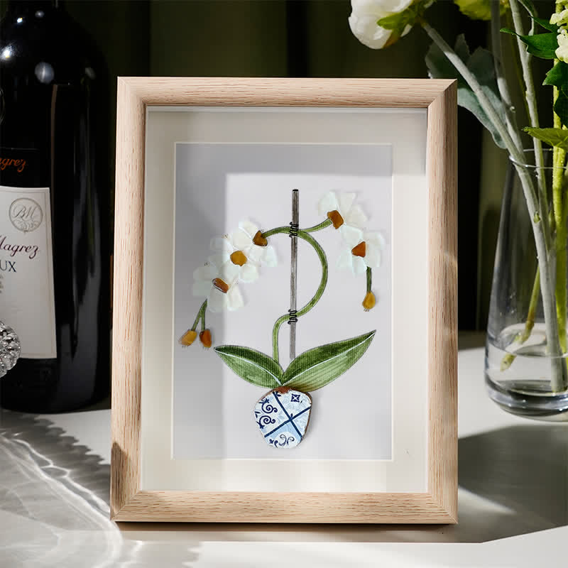 White Orchid Handmade Sea Glass Framed Art - Oak - 8" X 6" - image 5