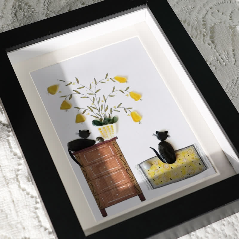 Pebble Cats And Blooming Plants Sea Glass Framed Art - image 3
