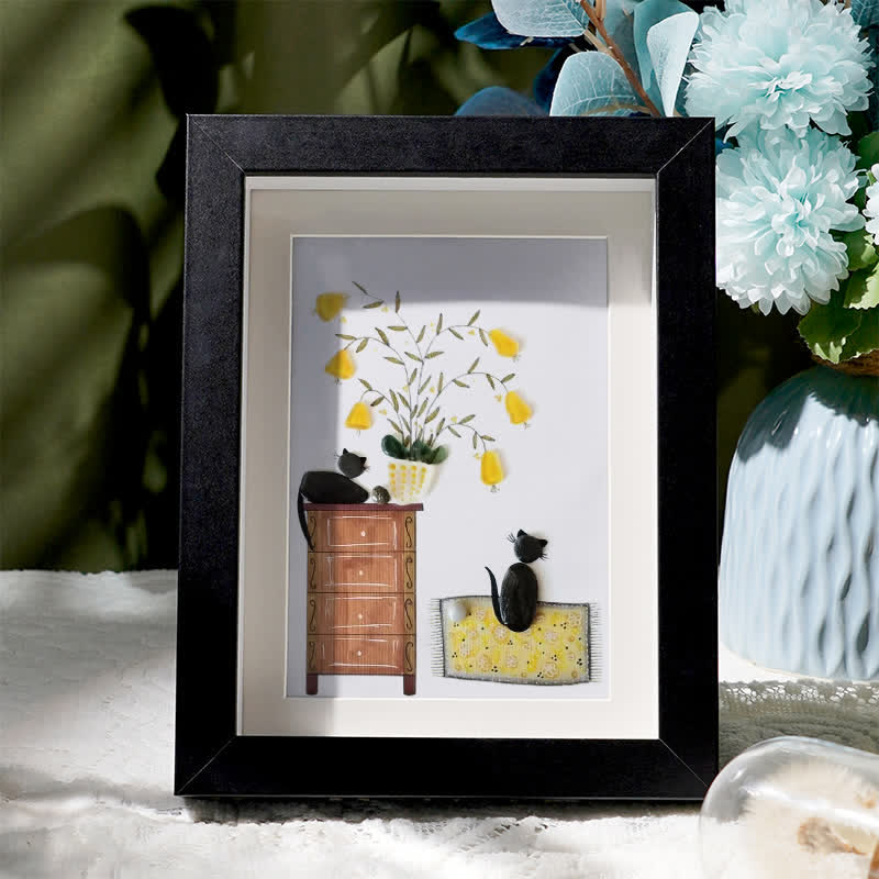 Pebble Cats And Blooming Plants Sea Glass Framed Art - Black - 8" X 6" - image 1