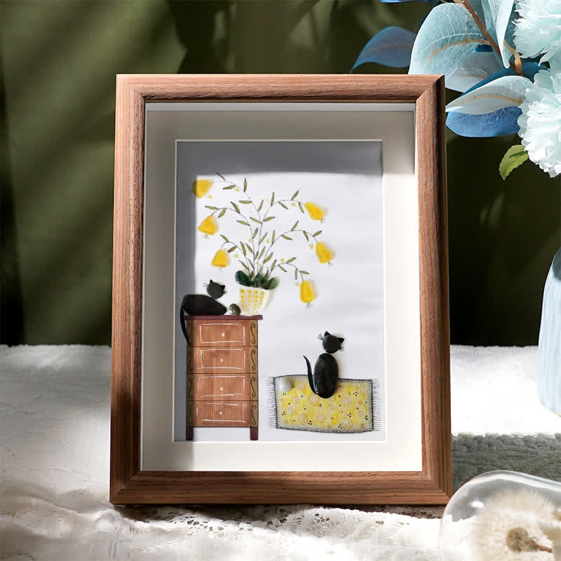 Pebble Cats And Blooming Plants Sea Glass Framed Art - Walnut Brown - 8" X 6" - image 6