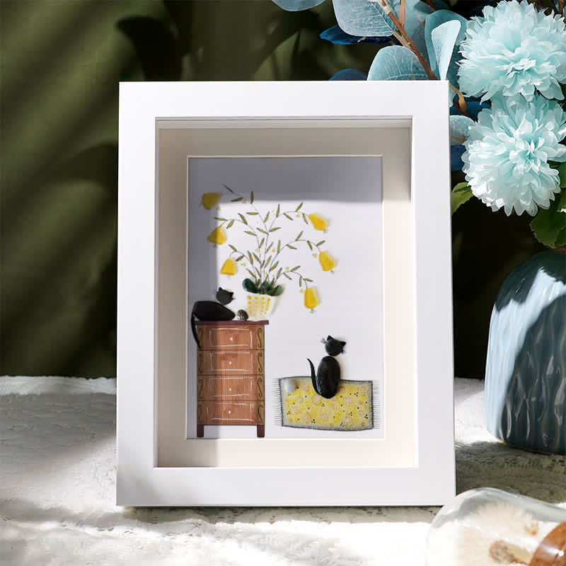 Pebble Cats And Blooming Plants Sea Glass Framed Art - White - 8" X 6" - image 5