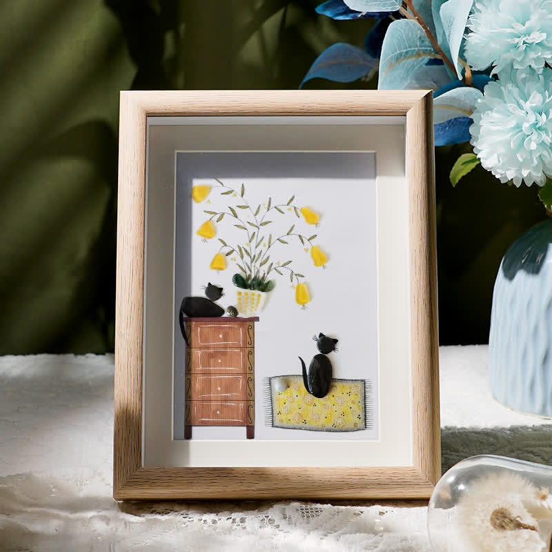 Pebble Cats And Blooming Plants Sea Glass Framed Art - Oak - 8" X 6" - image 7