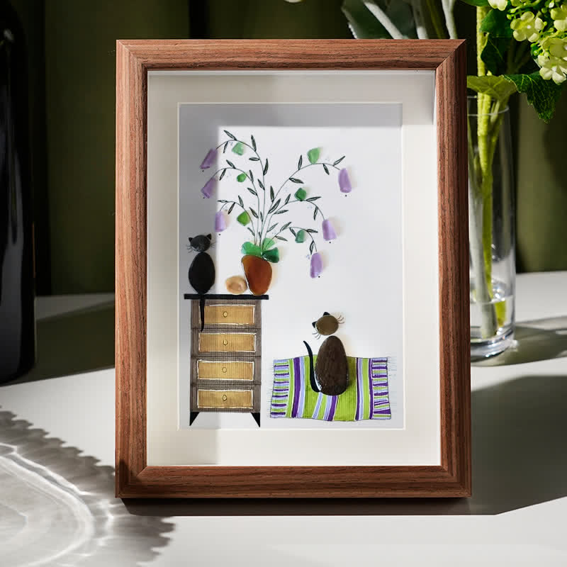 Pebble Cats And Violet Blooming Flower Sea Glass Framed Art - Walnut Brown - 8" X 6" - image 1
