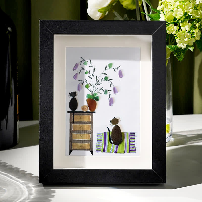 Pebble Cats And Violet Blooming Flower Sea Glass Framed Art - Black - 8" X 6" - image 6