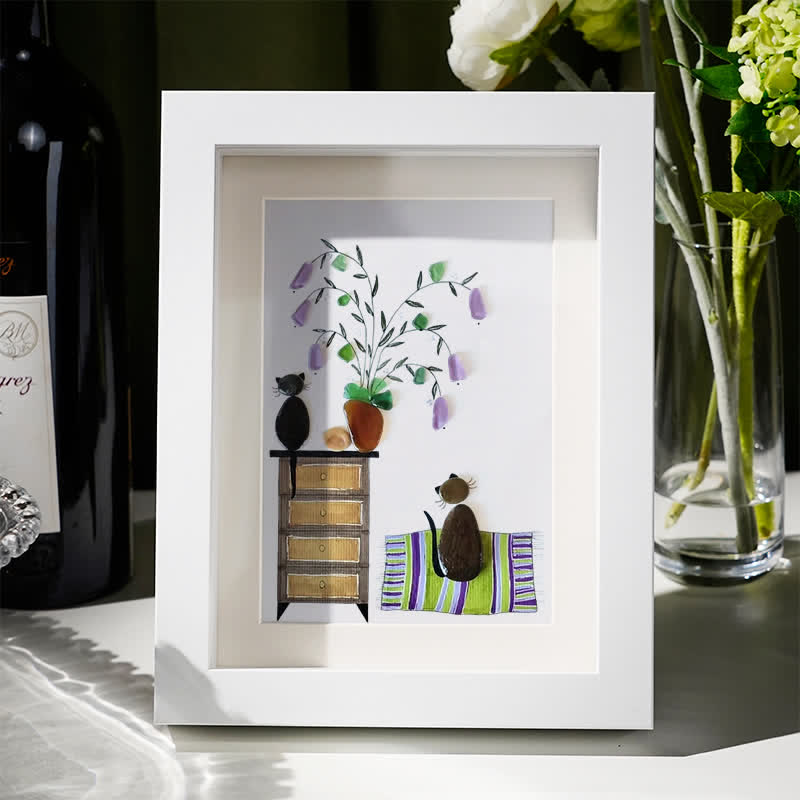 Pebble Cats And Violet Blooming Flower Sea Glass Framed Art - White - 8" X 6" - image 7