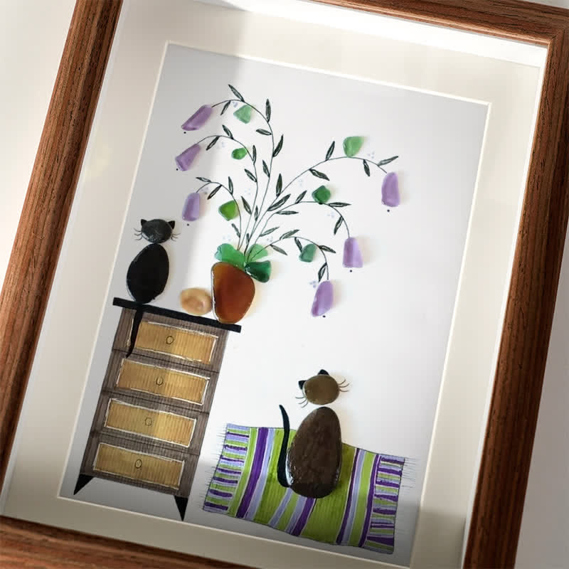 Pebble Cats And Violet Blooming Flower Sea Glass Framed Art - image 3