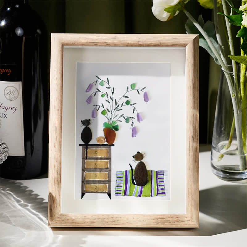 Pebble Cats And Violet Blooming Flower Sea Glass Framed Art - Oak - 8" X 6" - image 5