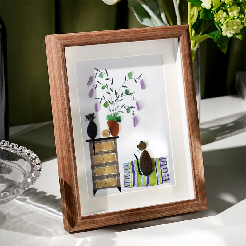 Pebble Cats And Violet Blooming Flower Sea Glass Framed Art - image 2