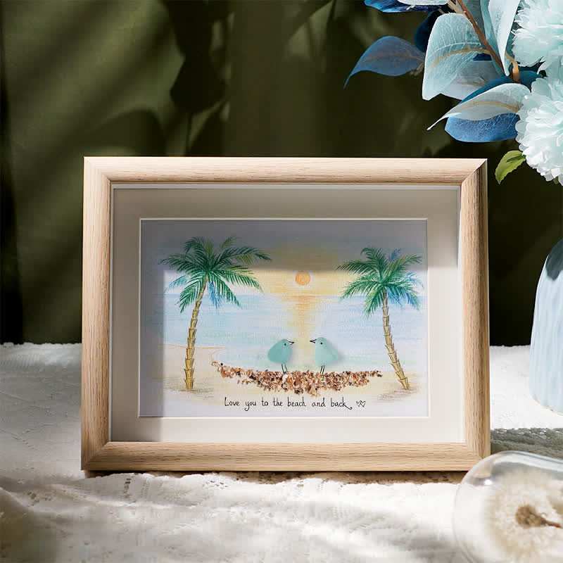 Romantic Couple Birds On The Bench Sea Glass Framed Art - Oak - 6" X 8" - image 1