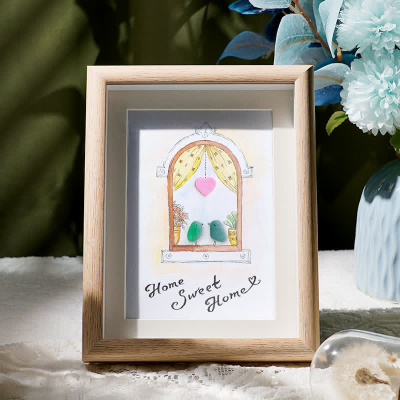 Home Sweet Home Housewarming Bird Sea Glass Framed Art - Oak - 8" X 6" - image 1