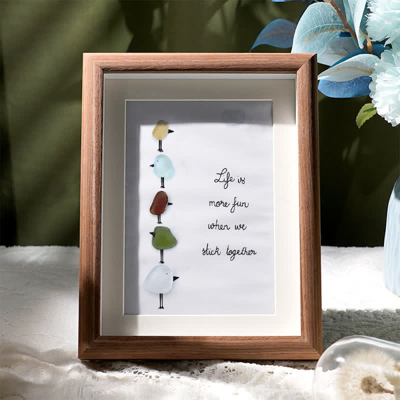 Family Unity Of Birds Sea Glass Framed Art - Walnut Brown - 8" X 6" - image 6