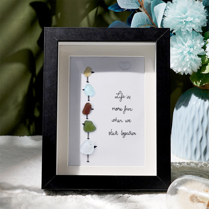 Family Unity Of Birds Sea Glass Framed Art - Black - 8" X 6" - image 1