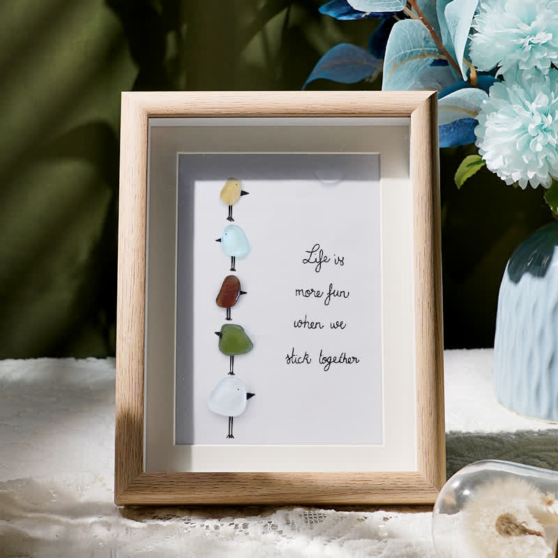 Family Unity Of Birds Sea Glass Framed Art - Oak - 8" X 6" - image 7