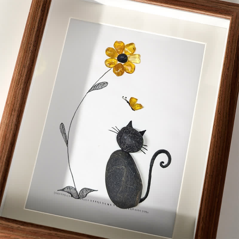 Black Pebble Cat And Yellow Flower Sea Glass Framed Art - image 3