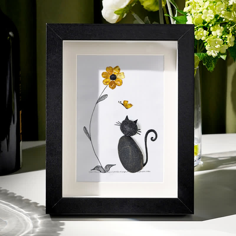 Black Pebble Cat And Yellow Flower Sea Glass Framed Art - Black - 8" X 6" - image 6