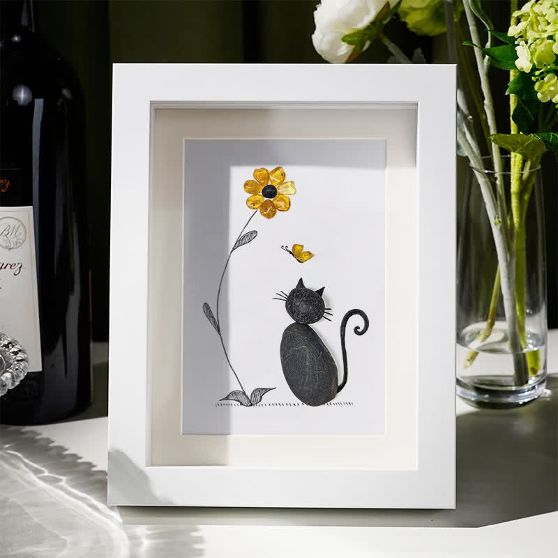 Black Pebble Cat And Yellow Flower Sea Glass Framed Art - White - 8" X 6" - image 7