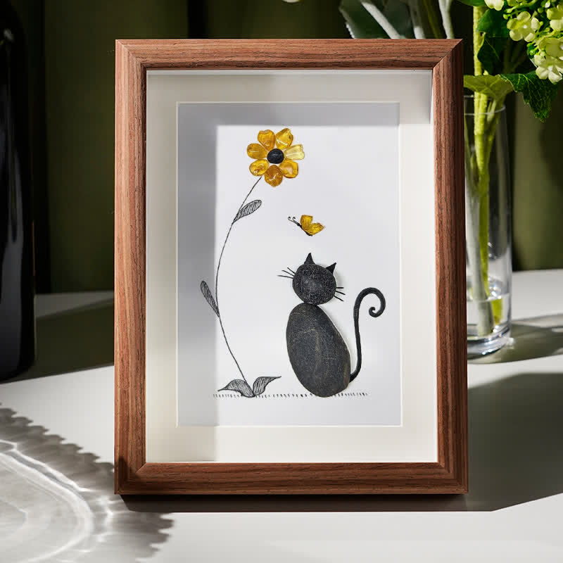 Black Pebble Cat And Yellow Flower Sea Glass Framed Art - Walnut Brown - 8" X 6" - image 1