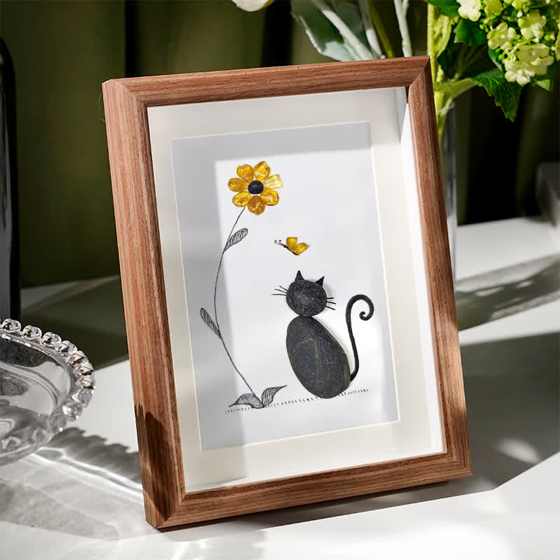 Black Pebble Cat And Yellow Flower Sea Glass Framed Art - image 2
