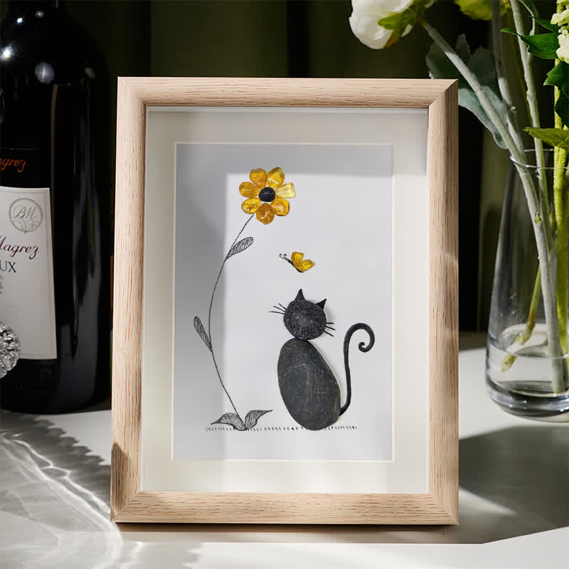Black Pebble Cat And Yellow Flower Sea Glass Framed Art - Oak - 8" X 6" - image 5