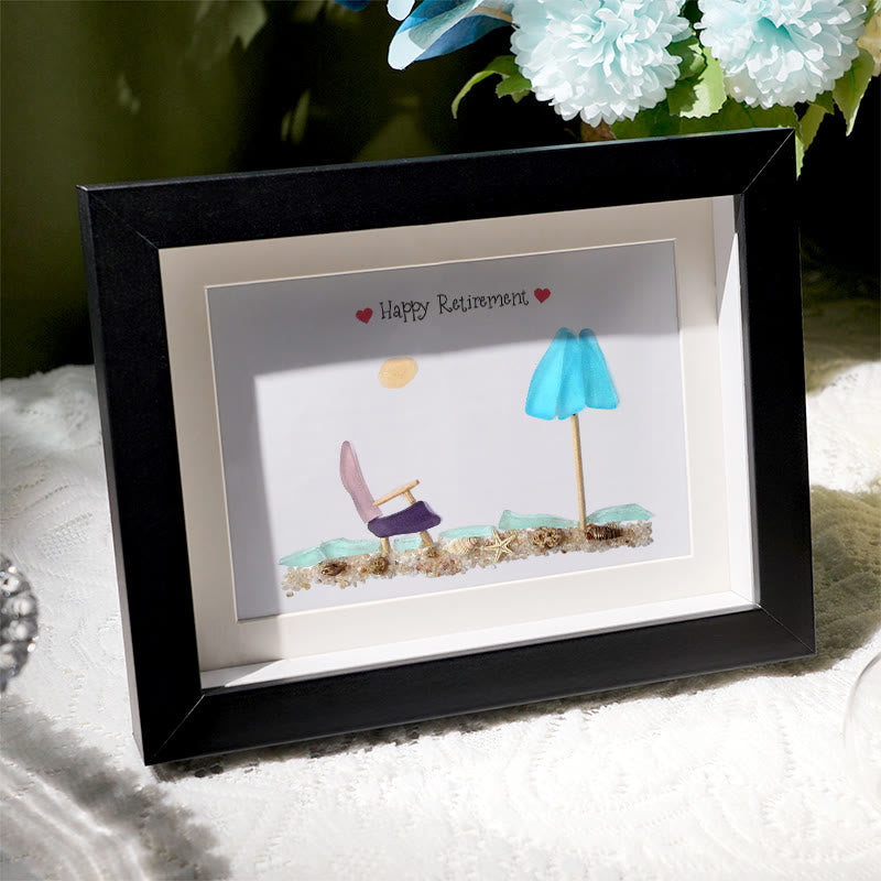 Happy Retirement Beach Chair And Umbrella Sea Glass Framed Art - image 2